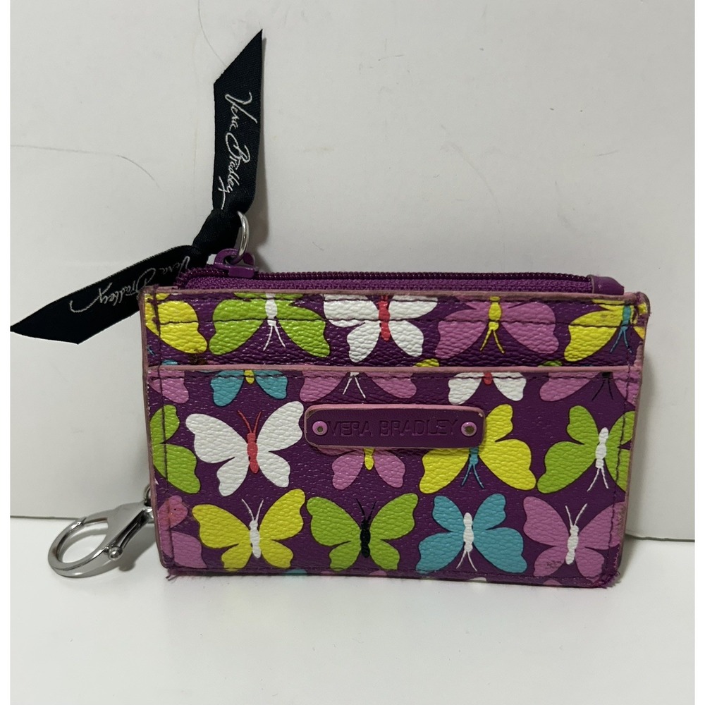 Vera Bradley FLUTTERBY Slim Coin Purse Wallet Keychain Purple Butterflies